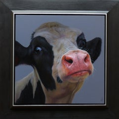 « Portrait de vache de Calf » - Peinture à l'huile contemporaine néerlandaise d'une vache en noir et blanc
