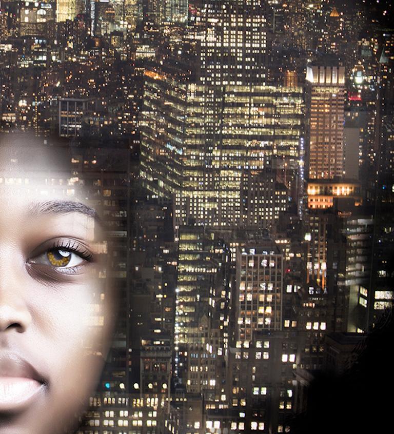 ''New York by Night'', Portrait of Girl and New York City - Photograph by Yvonne Michiels
