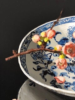 "Pink Blossom on blue Chinese Porcelain Plate'' Dutch Still-Life Painting