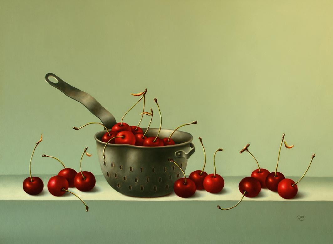 Still-Life Painting René Smoorenburg  - "Cherries in a Strainer" - Peinture contemporaine de nature morte réaliste de fruits