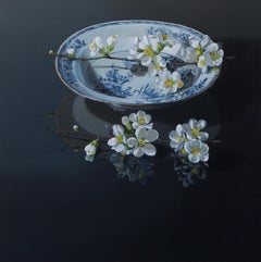 ''Plate with white Quince'', Contemporary Still Life painting porcelain 