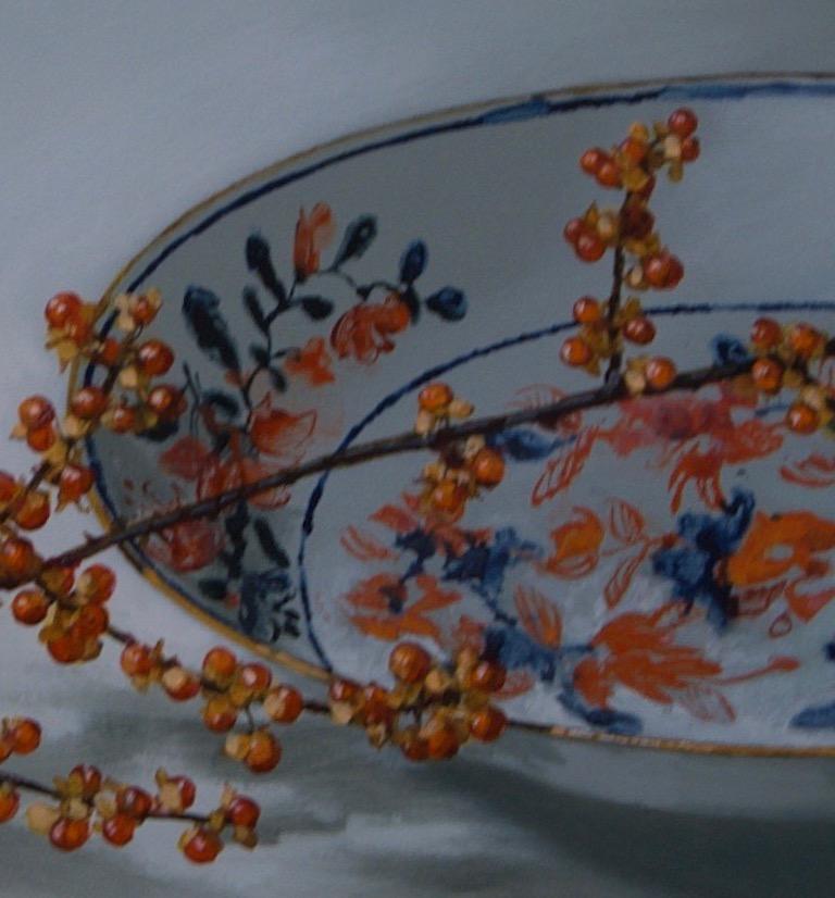 ''Celastrus with Plate'' Contemporary Still Life Porcelain with Celastrus - Painting by Sasja Wagenaar