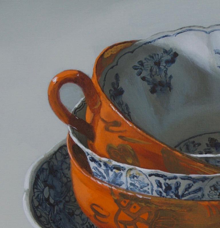 ''Stacking Orange and Blue'', Dutch Contemporary Still Life with Porcelain  - Painting by Sasja Wagenaar