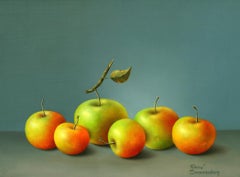 "Apples on Blue" Contemporary Fine Dutch Realist Still-Life Painting of Fruit