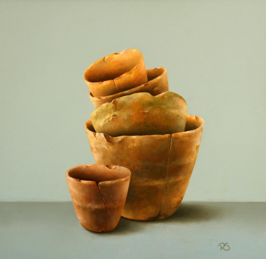 René Smoorenburg  Figurative Painting - "Flower Pots" Contemporary Fine Dutch Realist Still-Life Painting of Ceramics