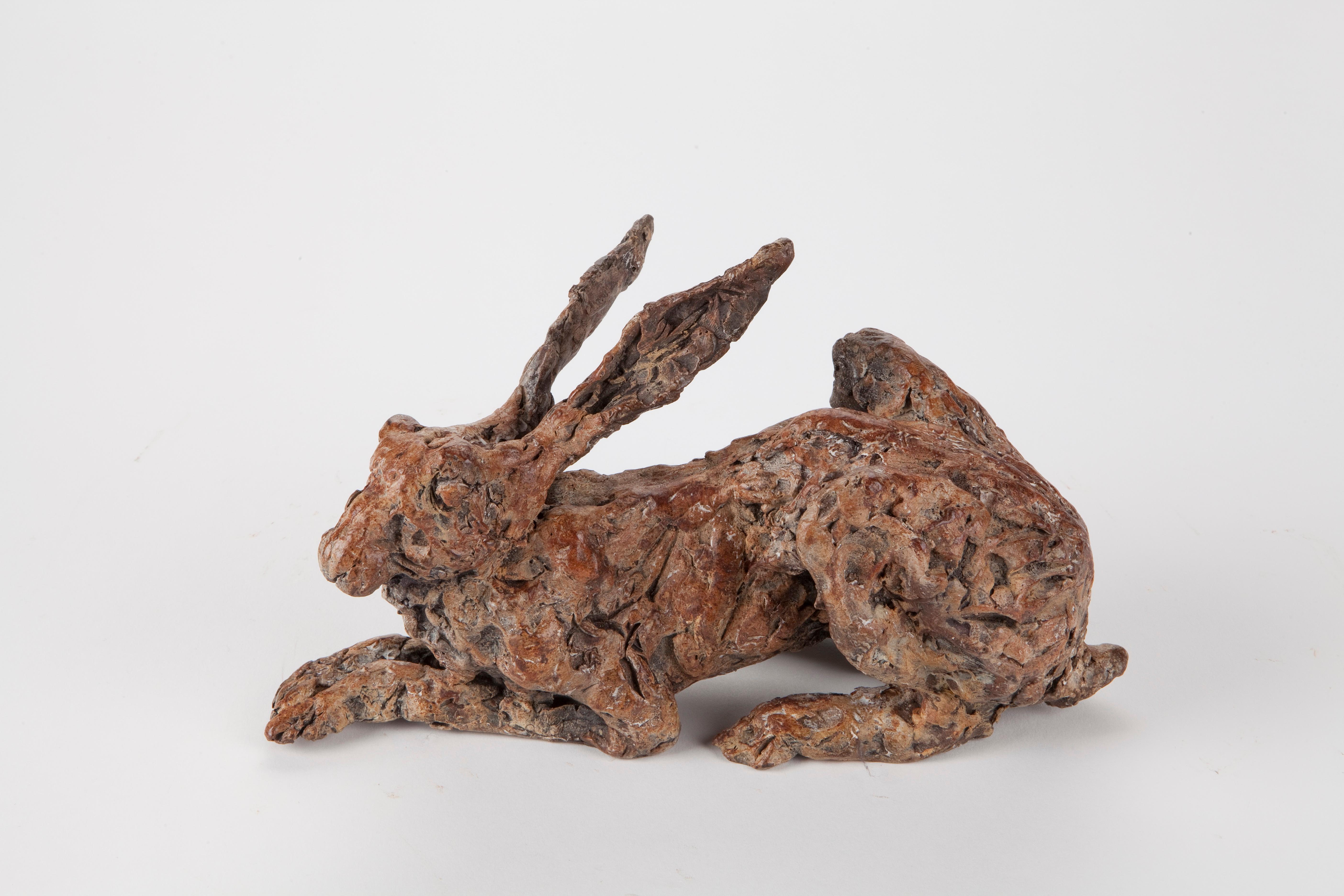 ''Rest Hare'', Contemporary Bronze Sculpture Portrait of a Hare - Gold Figurative Sculpture by Ans Zondag