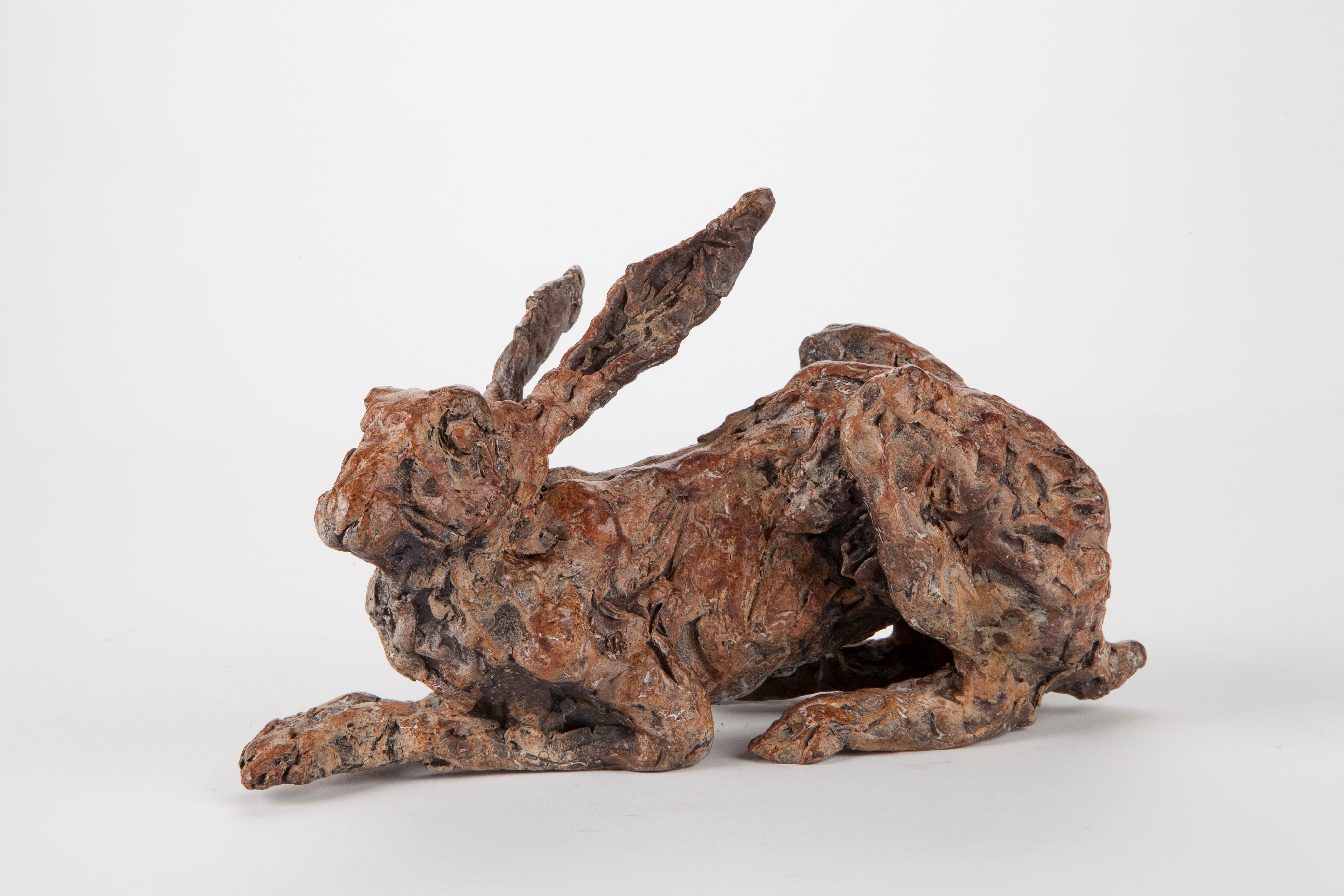 Ans Zondag Figurative Sculpture - ''Rest Hare'', Contemporary Bronze Sculpture Portrait of a Hare