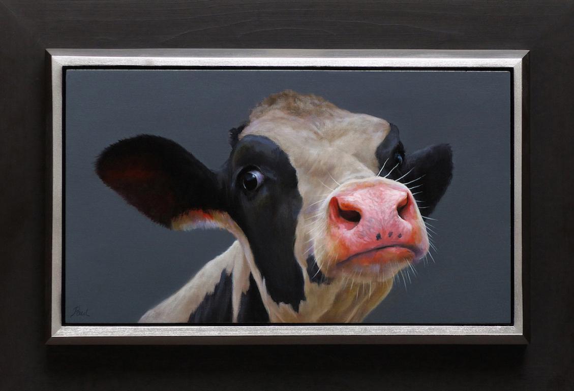 Paul Jansen Animal Painting - "Calf Portrait 80" Contemporary Dutch Oil Painting of a Black and White Cow