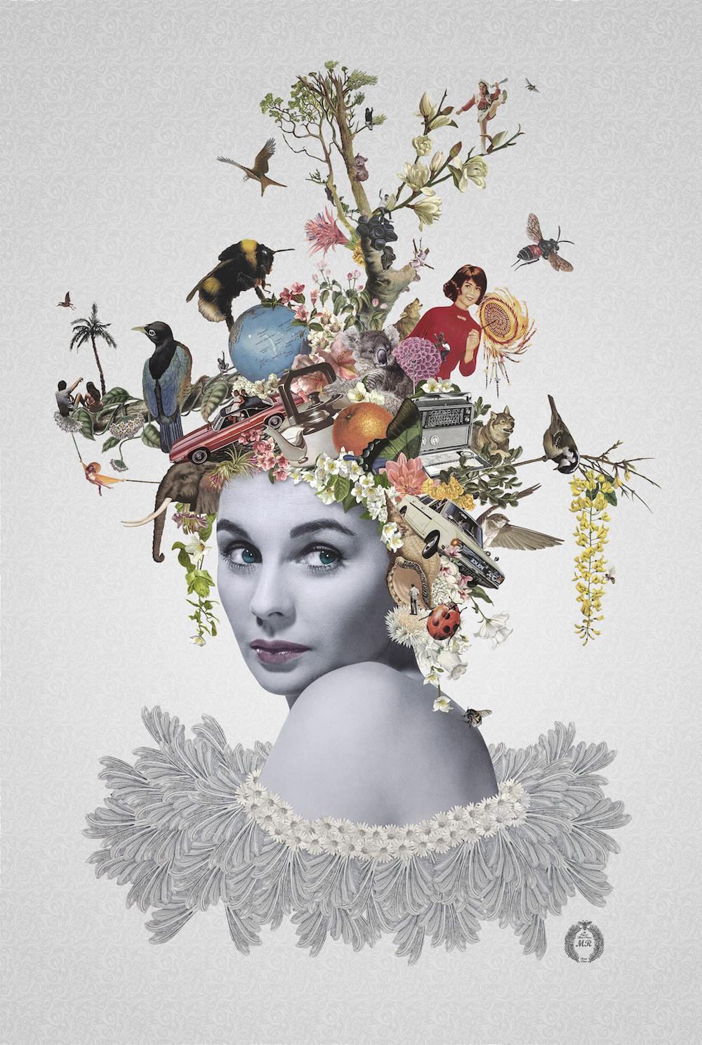 Maria Rivans Figurative Print - ''Joy'' Limited edition print of surrealistic collage with portrait of a woman
