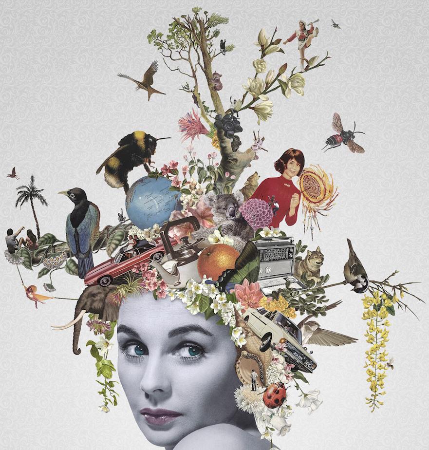''Joy'' Limited edition print of surrealistic collage with portrait of a woman - Print by Maria Rivans