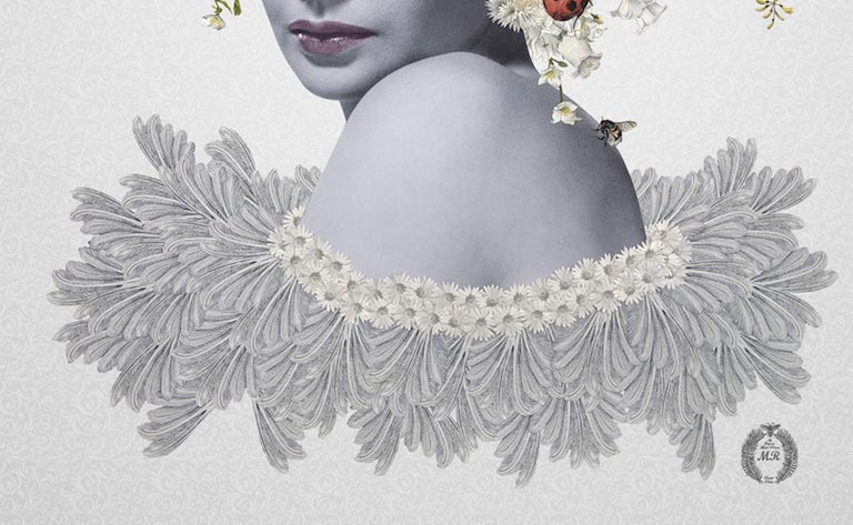 ''Joy'' Limited edition print of surrealistic collage with portrait of a woman - Gray Portrait Print by Maria Rivans