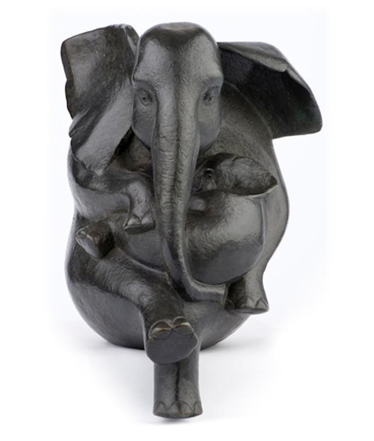 ''Umbrella'', Contemporary Bronze Sculpture Portrait of Mother and Baby Elephant