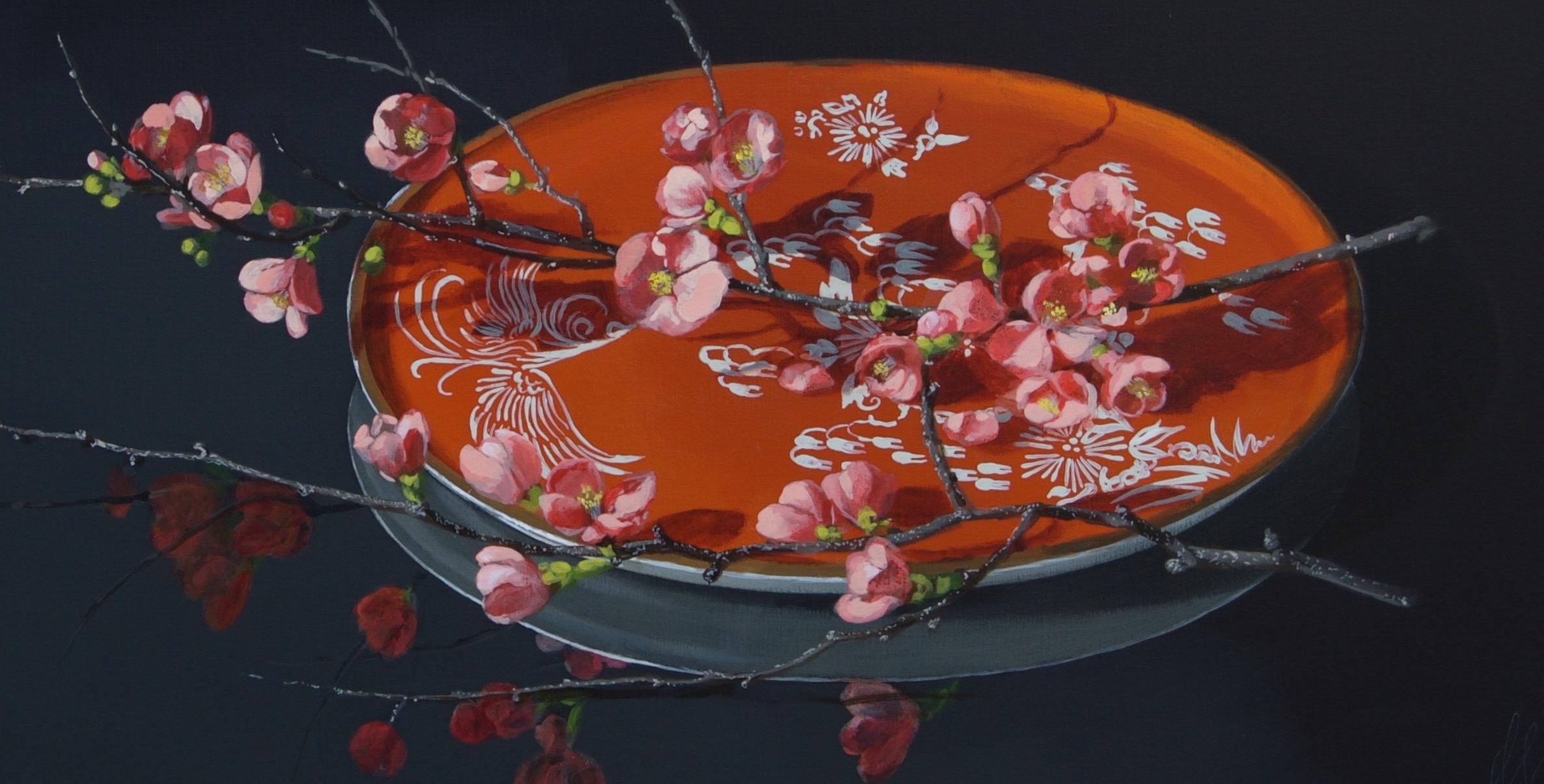 ''Orange with Pink Quince (dark)'' Contemporary Still-Life of Chinese Porcelain - Painting by Sasja Wagenaar