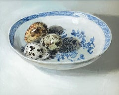 "Quail eggs on Chinese porcelain plate" Contemporary Dutch Still-Life Painting