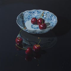 ''Cherries on Black'' Dutch Contemporary Still Life with Porcelain and Fruit