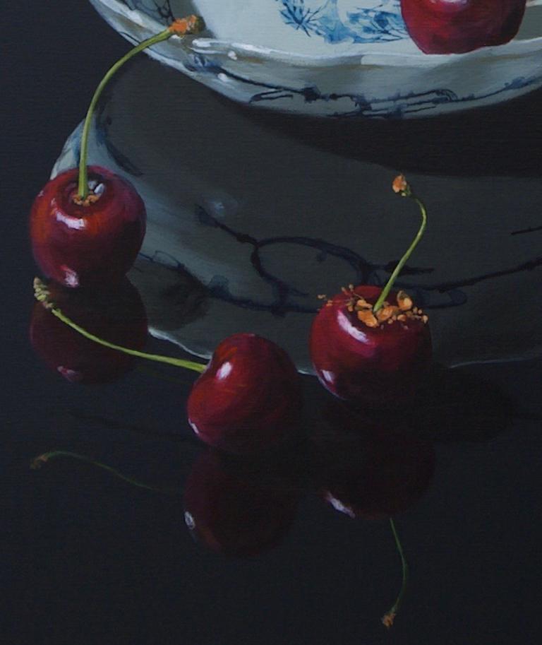 ''Cherries on Black'' Dutch Contemporary Still Life with Porcelain and Fruit - Painting by Sasja Wagenaar