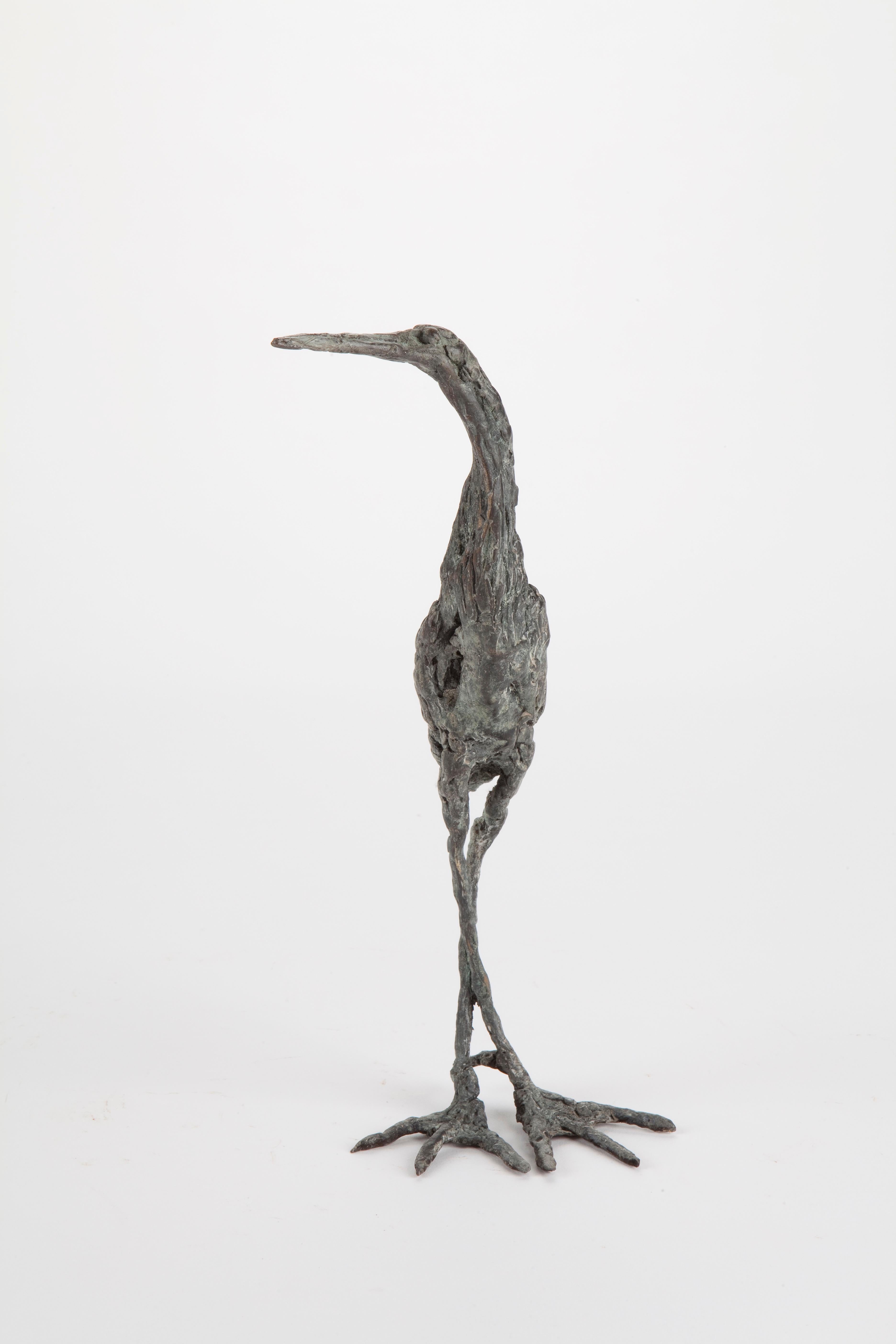 ''Grey Heron'', Contemporary Bronze Sculpture Portrait of a Bird - Gold Figurative Sculpture by Ans Zondag