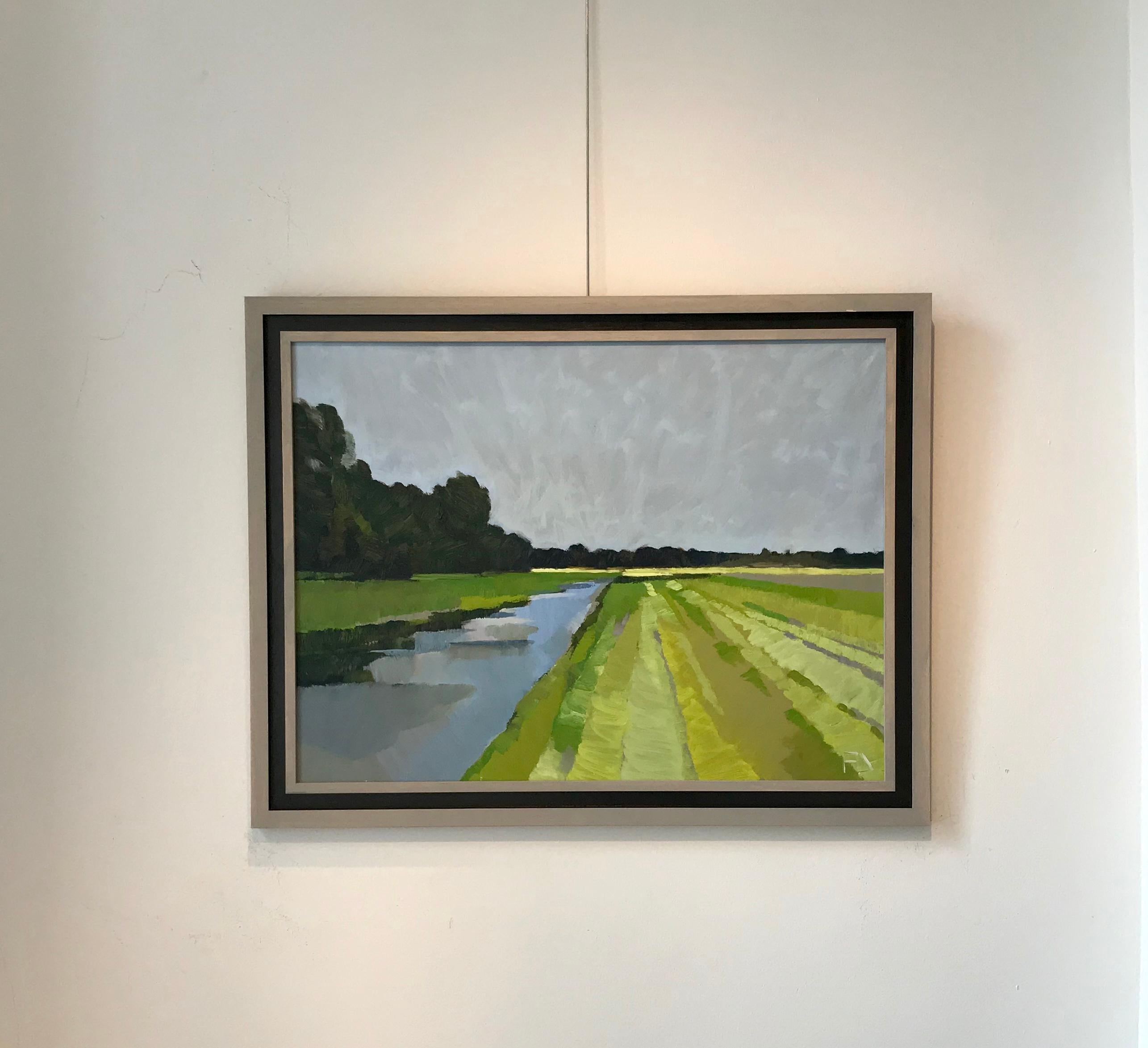 ''The land after the first cut'', Contemporary Dutch Oil Painting of a Landscape - Beige Landscape Painting by Frank Dekkers