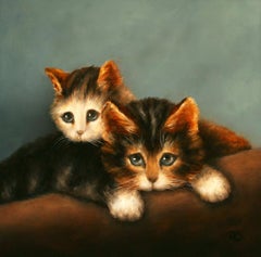 "2 Kittens" Contemporary Fine Realist Still-Life Painting of Kittens, Cats