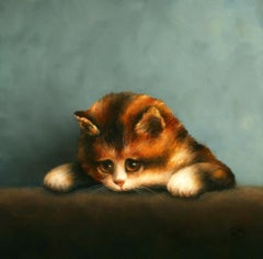 Peinture contemporaine de nature morte réaliste d'une chaton couchée représentant une chaton