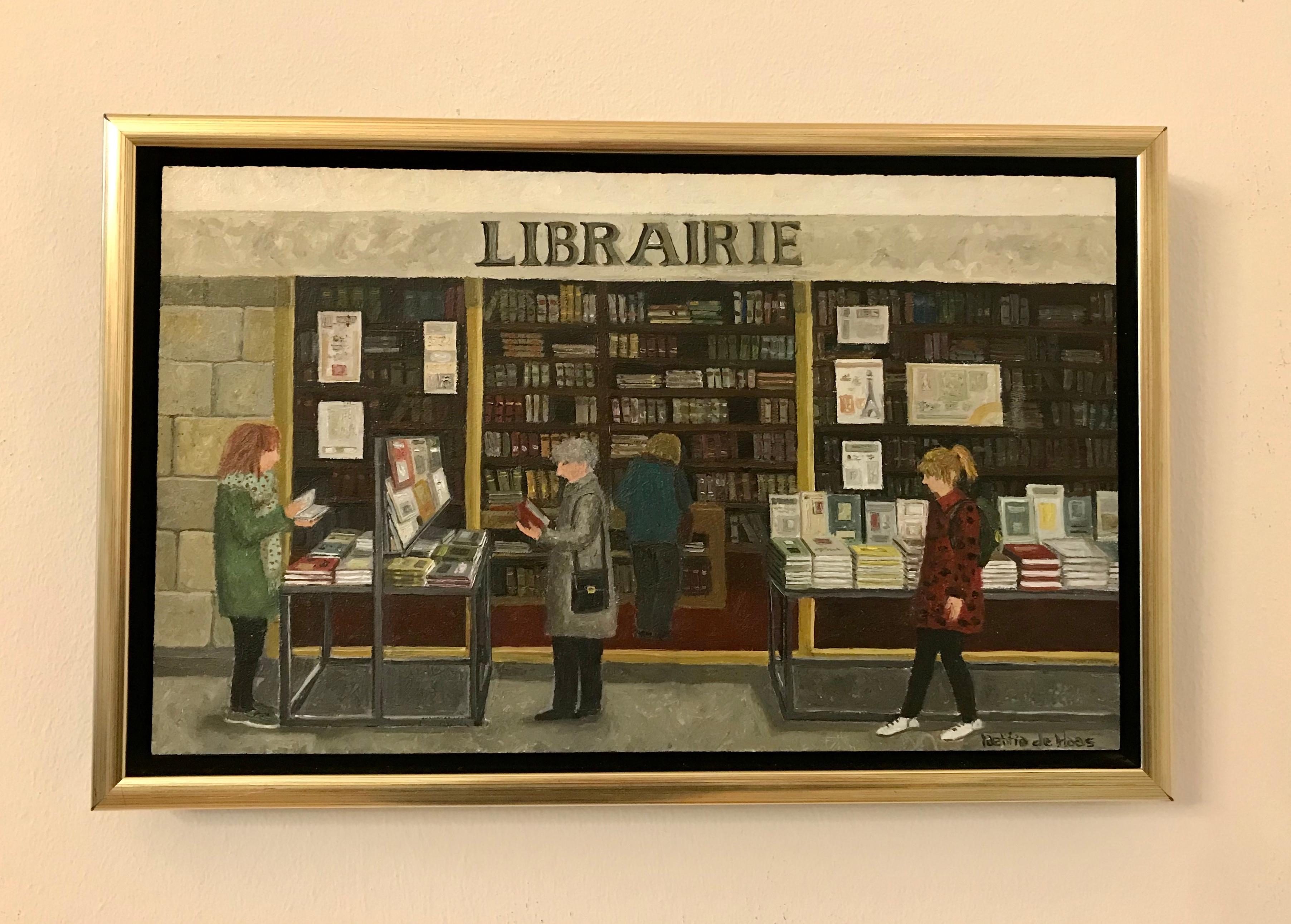''Librairie'' Cosy Dutch Painting of a Bookstore - Gray Figurative Painting by Laetitia de Haas