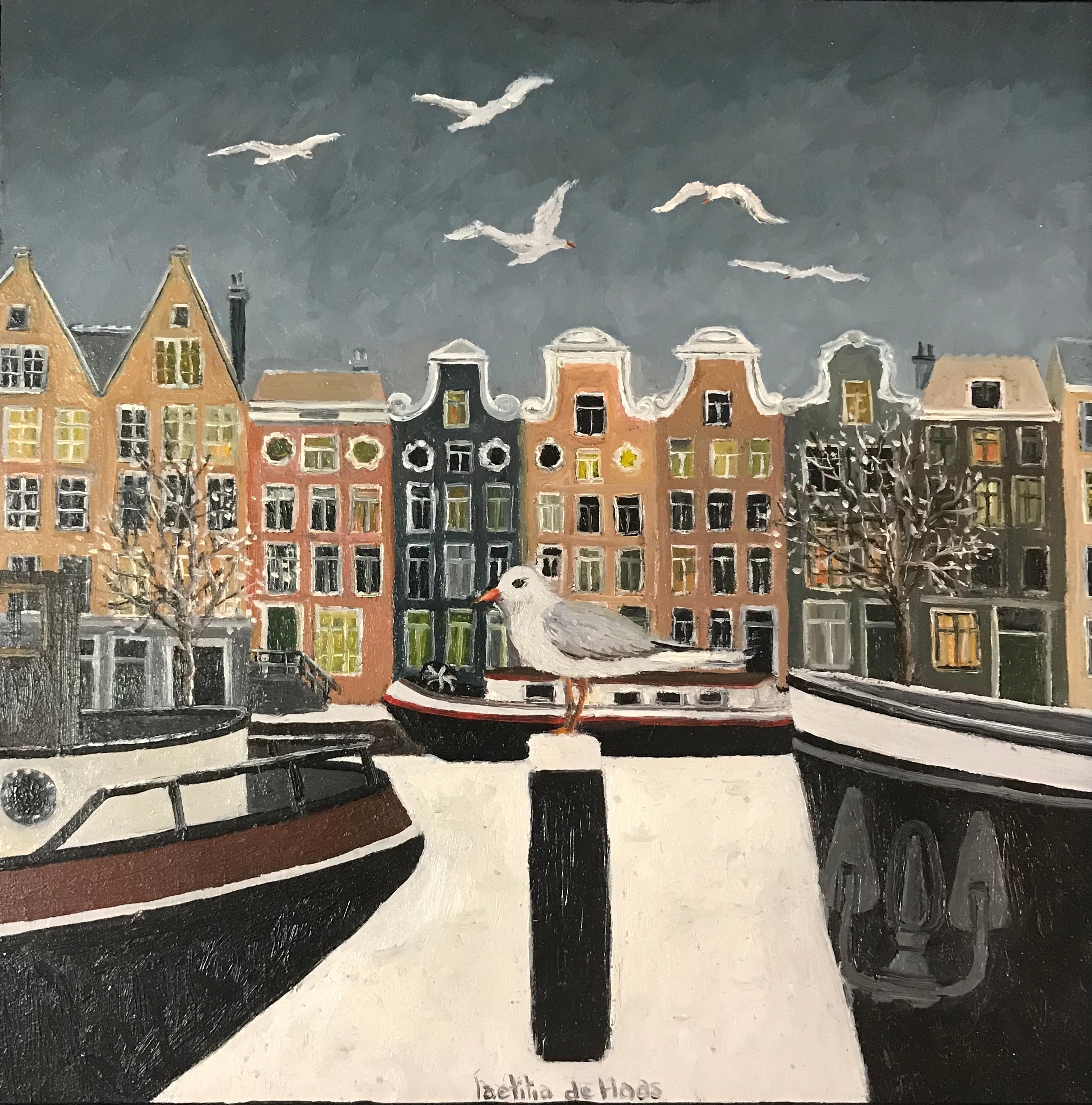 Laetitia de Haas Figurative Painting - ''Dutch Canal in Winter'' Cosy Dutch Painting of a Dutch Canal with Birds