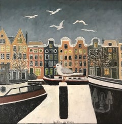 « Dutch Canal in Winter » - Peinture néerlandaise cosy d'un canal néerlandais avec oiseaux