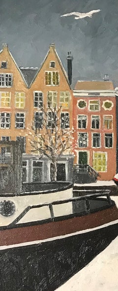 ''Dutch Canal in Winter'' Cosy Dutch Painting of a Dutch Canal with Birds