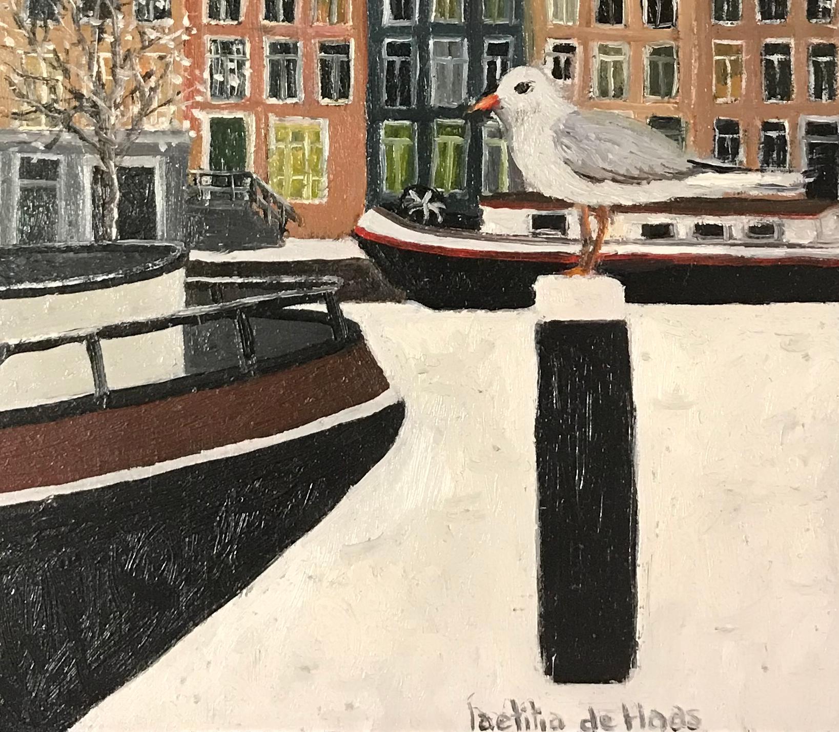 ''Dutch Canal in Winter'' Cosy Dutch Painting of a Dutch Canal with Birds - Gray Figurative Painting by Laetitia de Haas