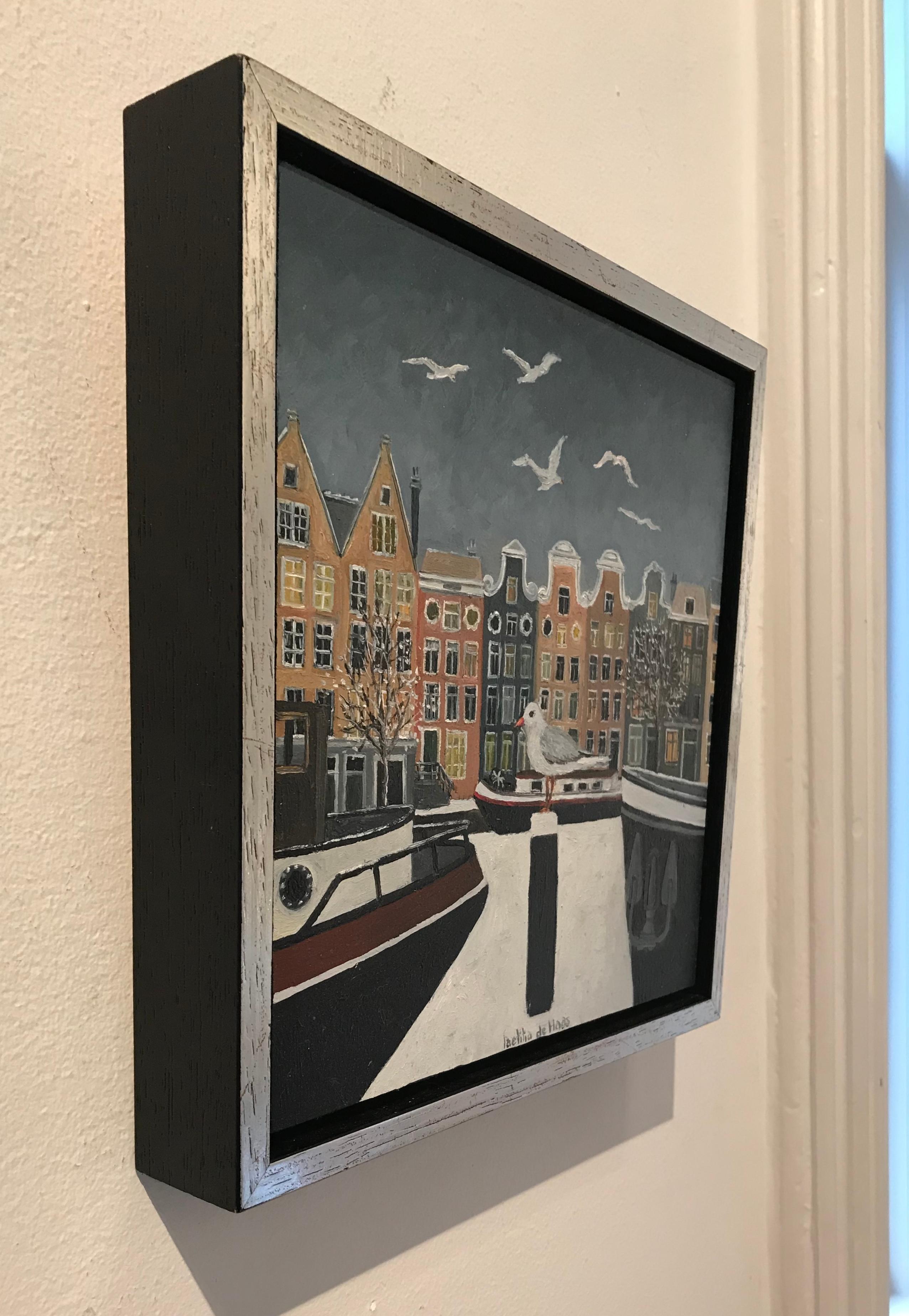 ''Dutch Canal in Winter'' Cosy Dutch Painting of a Dutch Canal with Birds For Sale 1