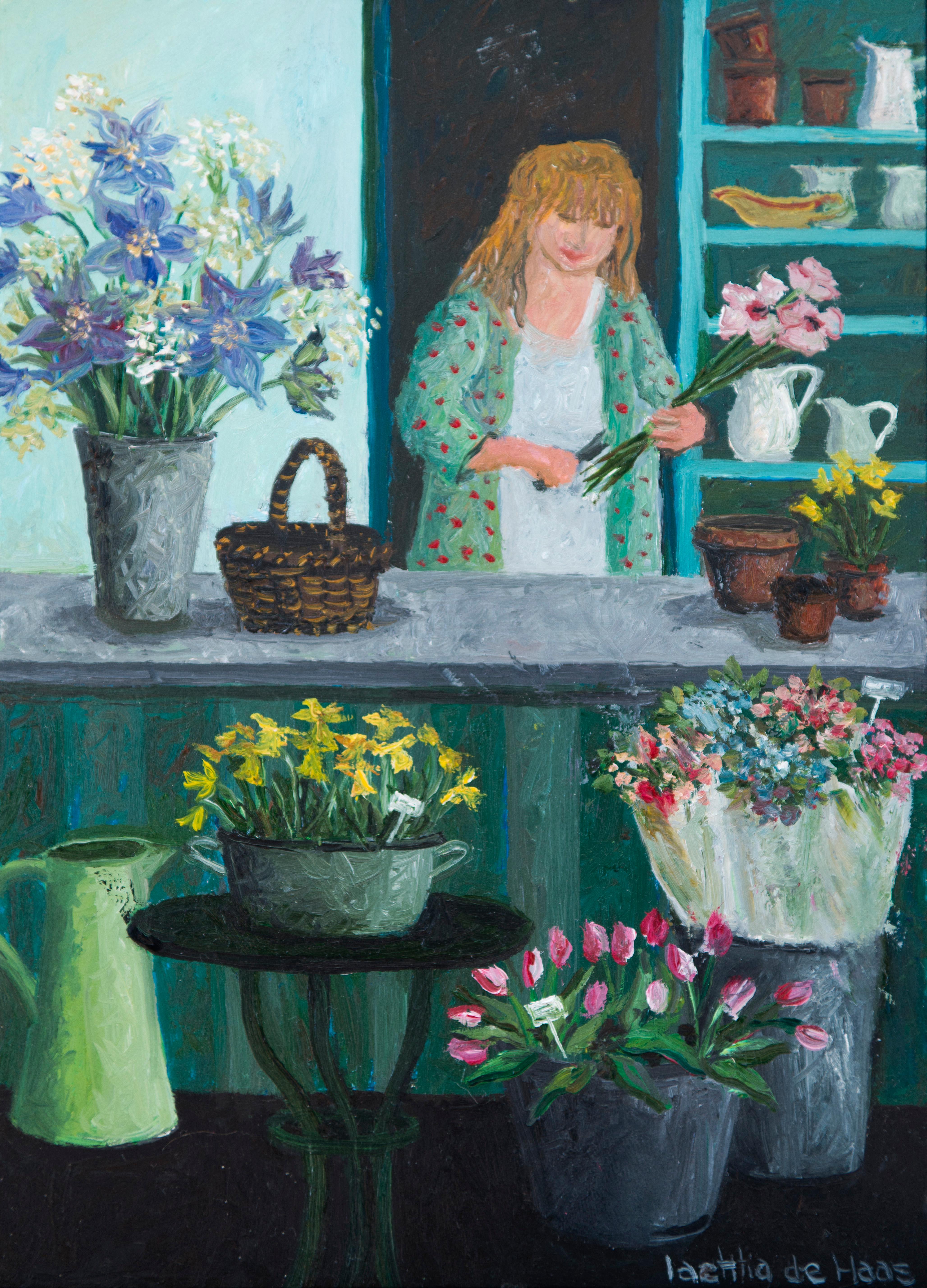 Laetitia de Haas Figurative Painting - ''Flowers'' Cosy Dutch Painting of a Flower Shop