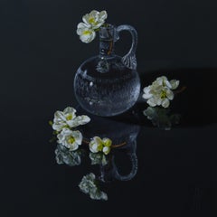 ''Glass Decanter with White Quince '', Contemporary Still Life with Flowers