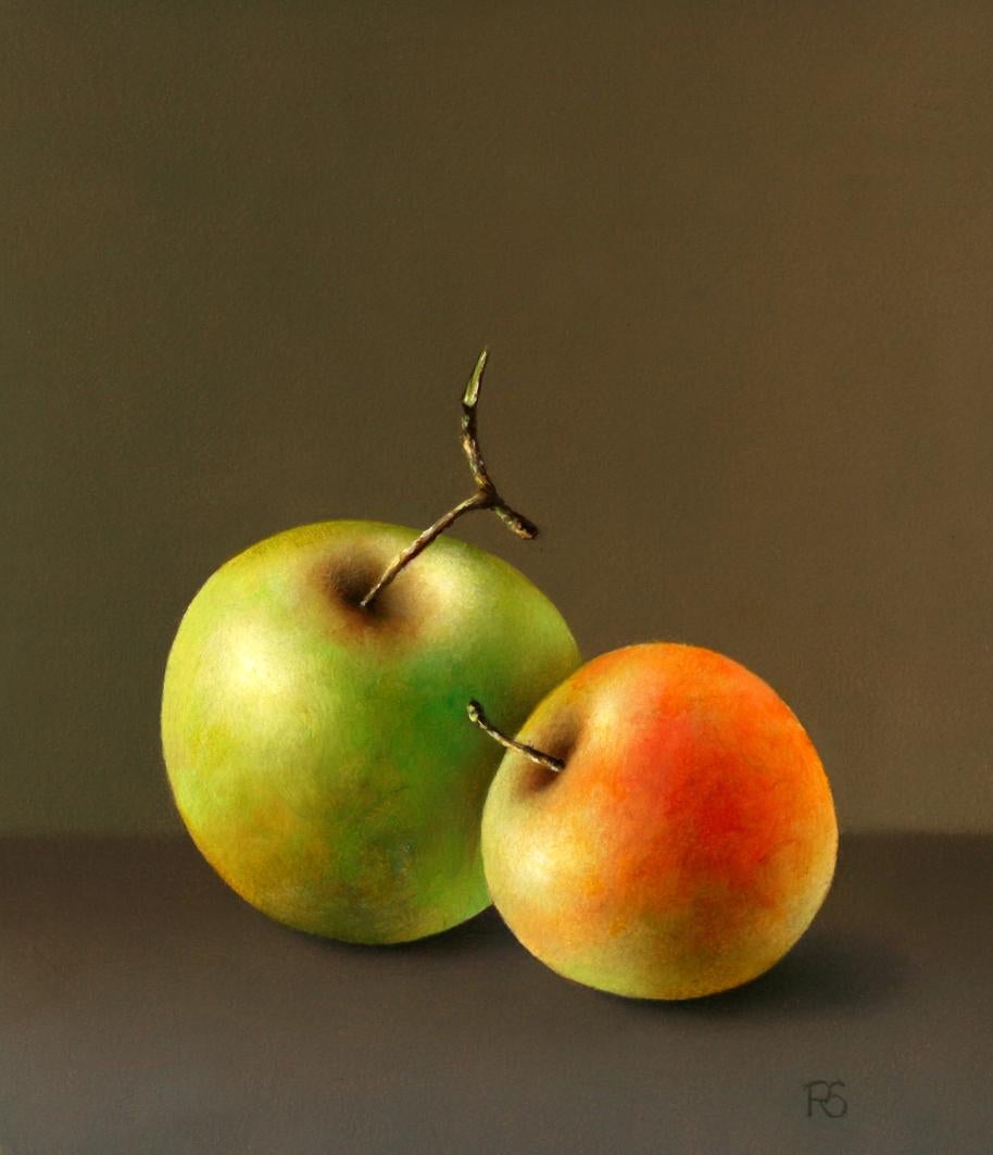 “2 Apples” Contemporary Fine Realist Still-Life Painting of Apples, Fruit