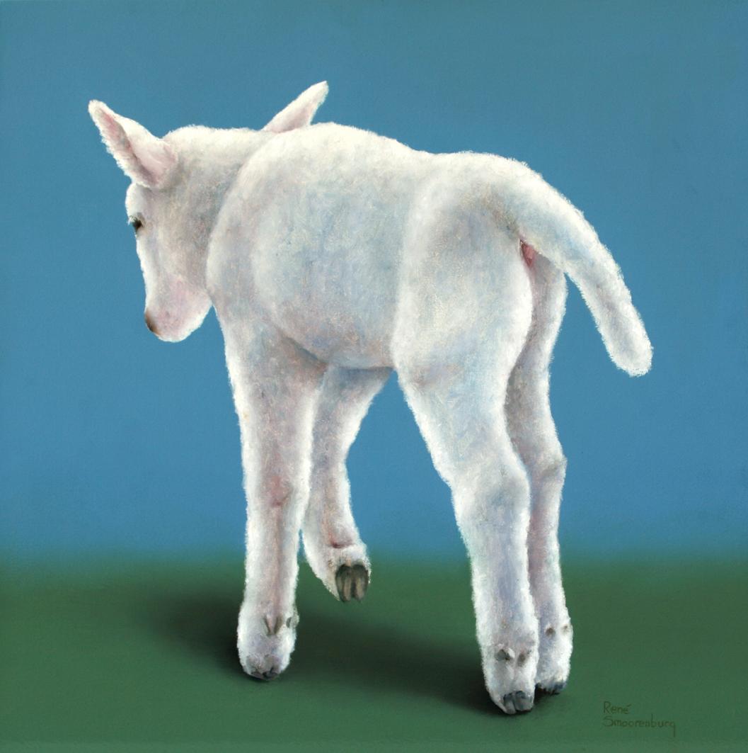 René Smoorenburg  Figurative Painting - “Lamb on blue” Contemporary Fine Realist Still-Life Painting of a Lamb