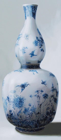 ''Vase with Butterflies'' Contemporary Dutch Still-Life of Chinese Porcelain 