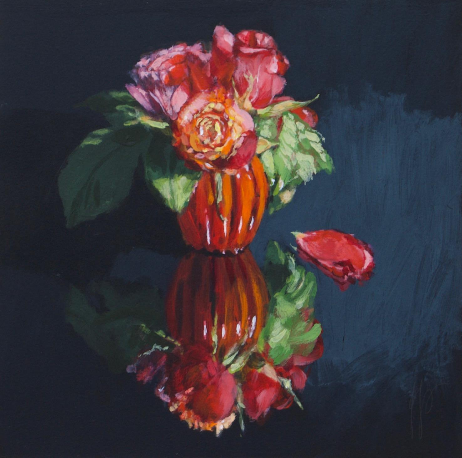 „Bouquet of Roses“, zeitgenössisches Stillleben mit Rosen in einer orangefarbenen Vase