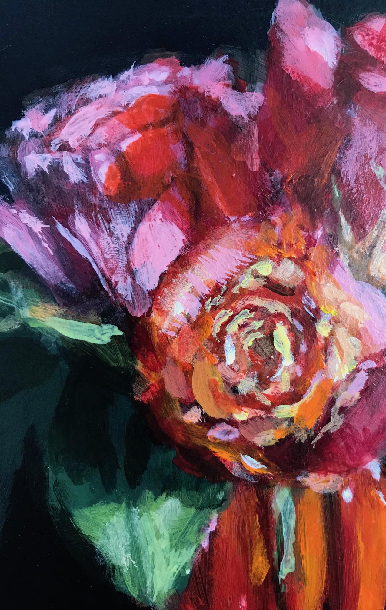 ''Bouquet of Roses'', Contemporary Still Life with Roses in a Orange Vase - Painting by Sasja Wagenaar