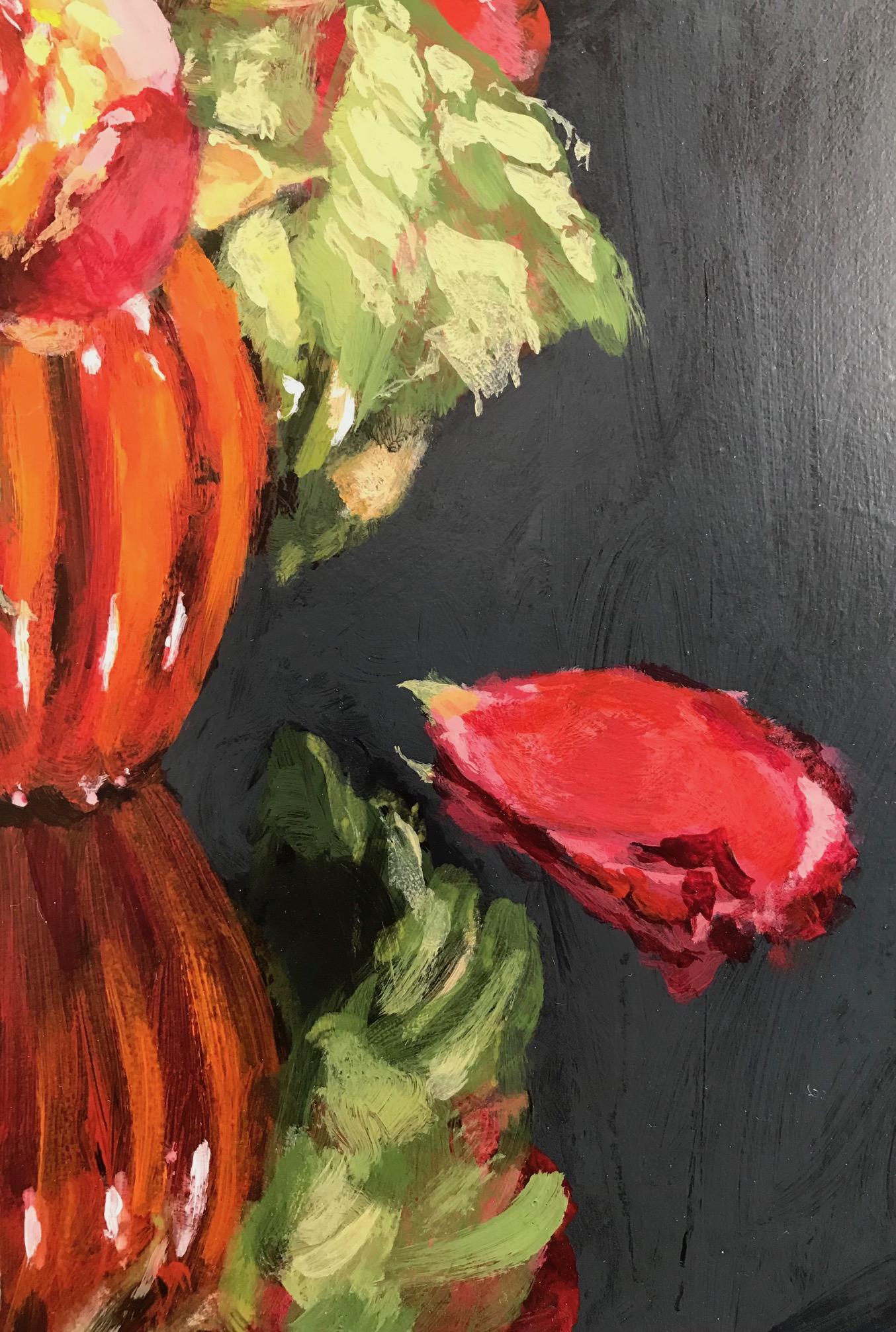 ''Ramo de rosas'', Bodegón contemporáneo con rosas en jarrón naranja - Still-Life Painting Negro de Sasja Wagenaar
