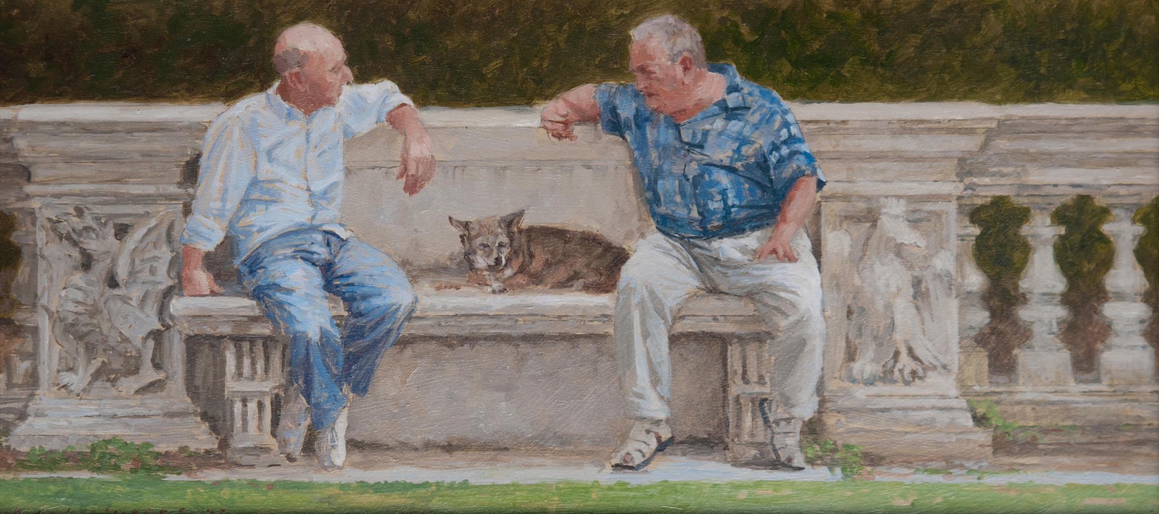 Nico Heilijgers Still-Life Painting - 

Park Bench

 Contemporary Dutch Painting of Two Men on a Park Bench