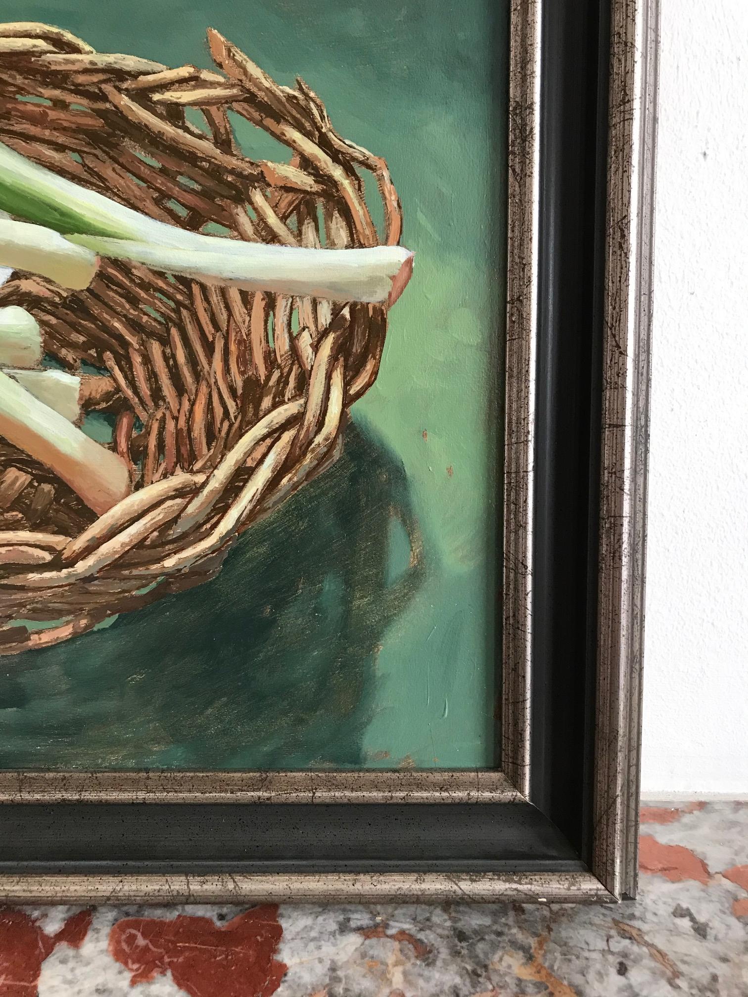 ''Cesta con puerros'' Pintura holandesa contemporánea de bodegón con puerros en venta 4