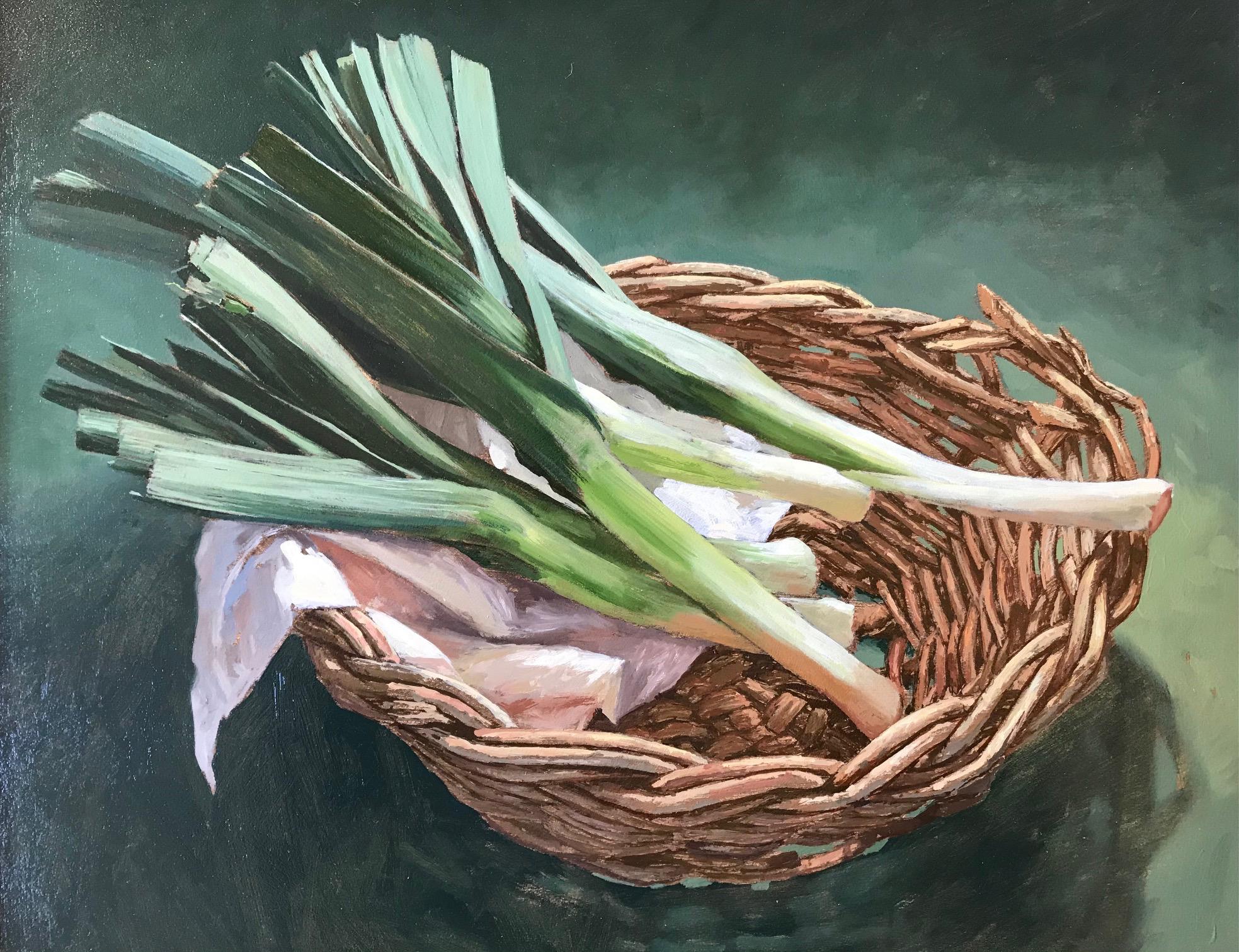 Still-Life Painting de Nico Heilijgers - ''Cesta con puerros'' Pintura holandesa contemporánea de bodegón con puerros