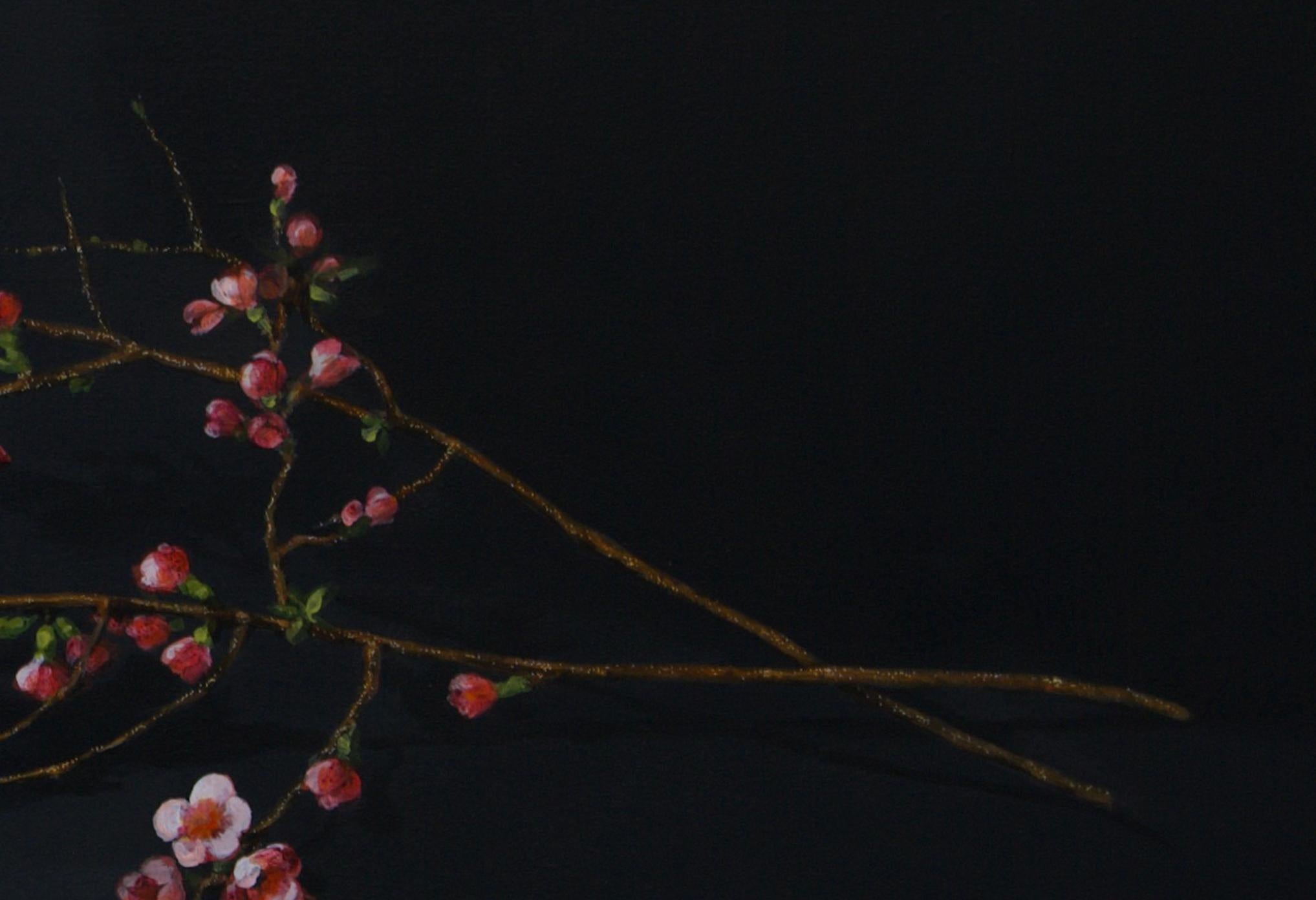 ''Blossom Branch'', Contemporary Still Life with Pink and Orange Blossom Branch - Black Still-Life Painting by Sasja Wagenaar