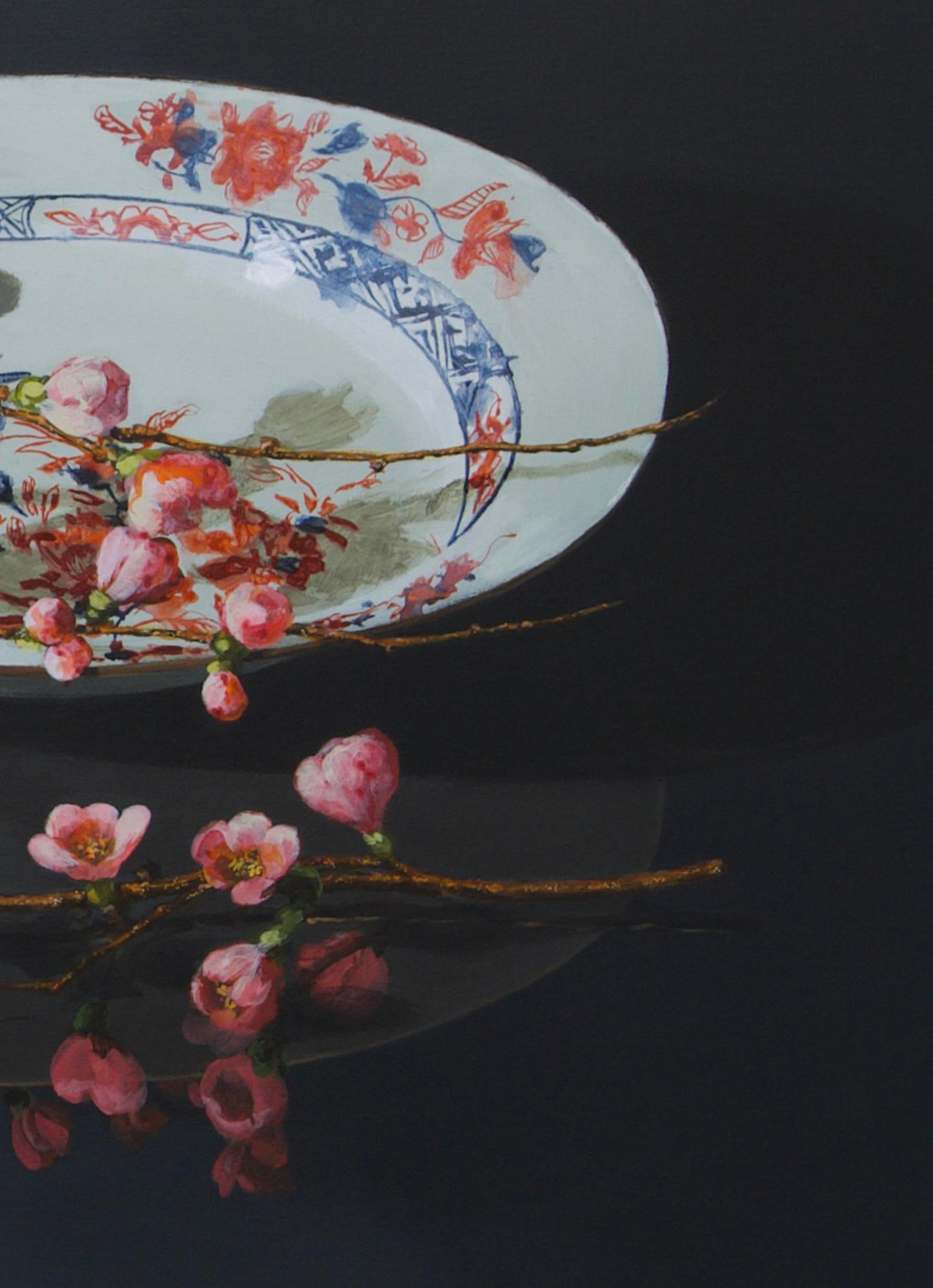 ''Pink Blossom on Porcelain'', Contemporary Still Life with Porcelain & Blossom - Painting by Sasja Wagenaar