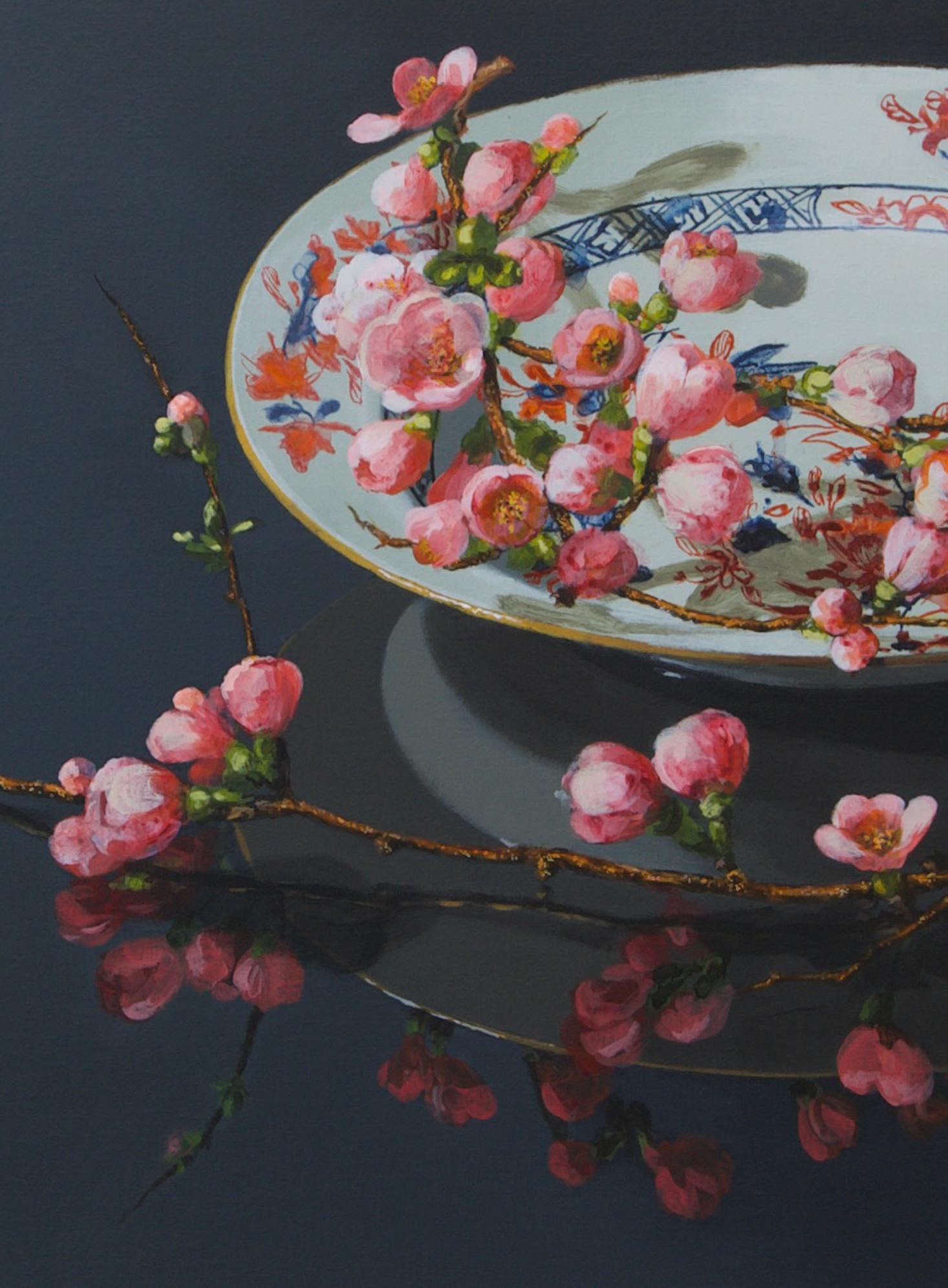 ''Pink Blossom on Porcelain'', Contemporary Still Life with Porcelain & Blossom - Black Still-Life Painting by Sasja Wagenaar