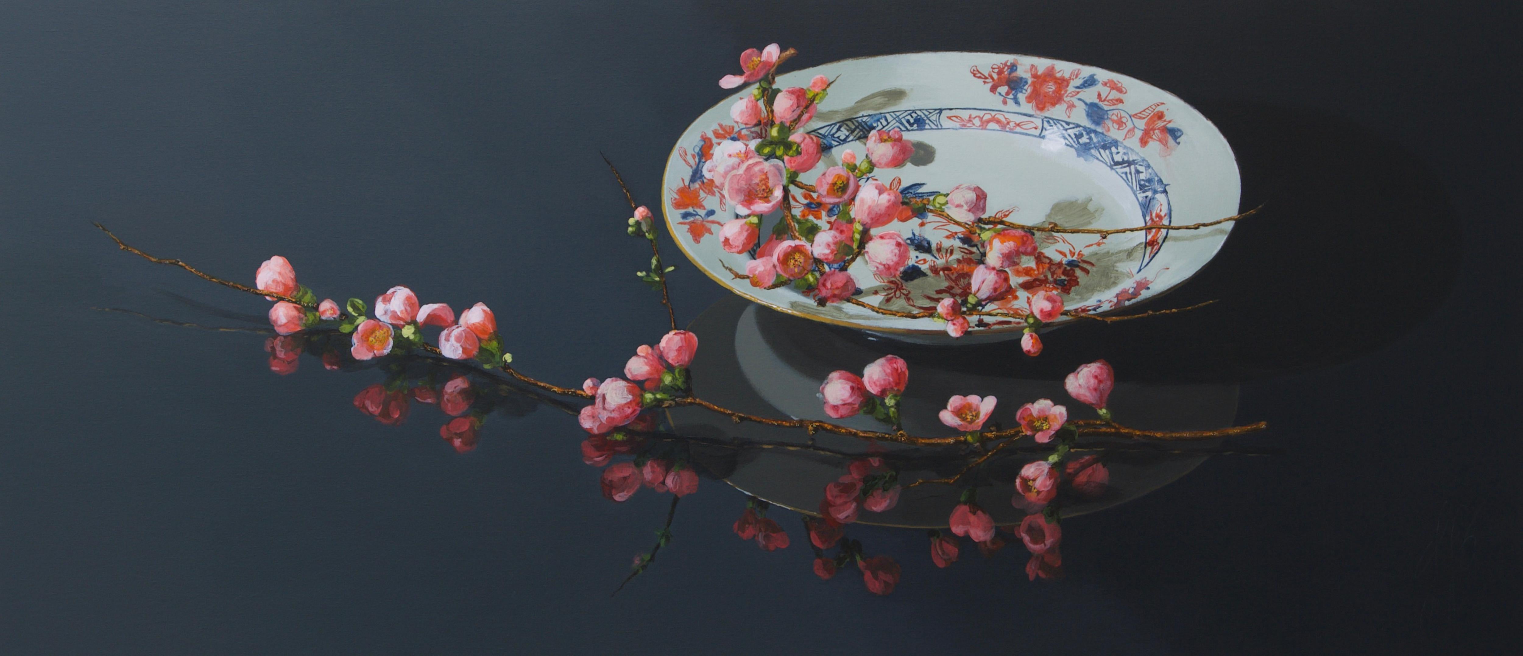 Sasja Wagenaar Still-Life Painting - ''Pink Blossom on Porcelain'', Contemporary Still Life with Porcelain & Blossom