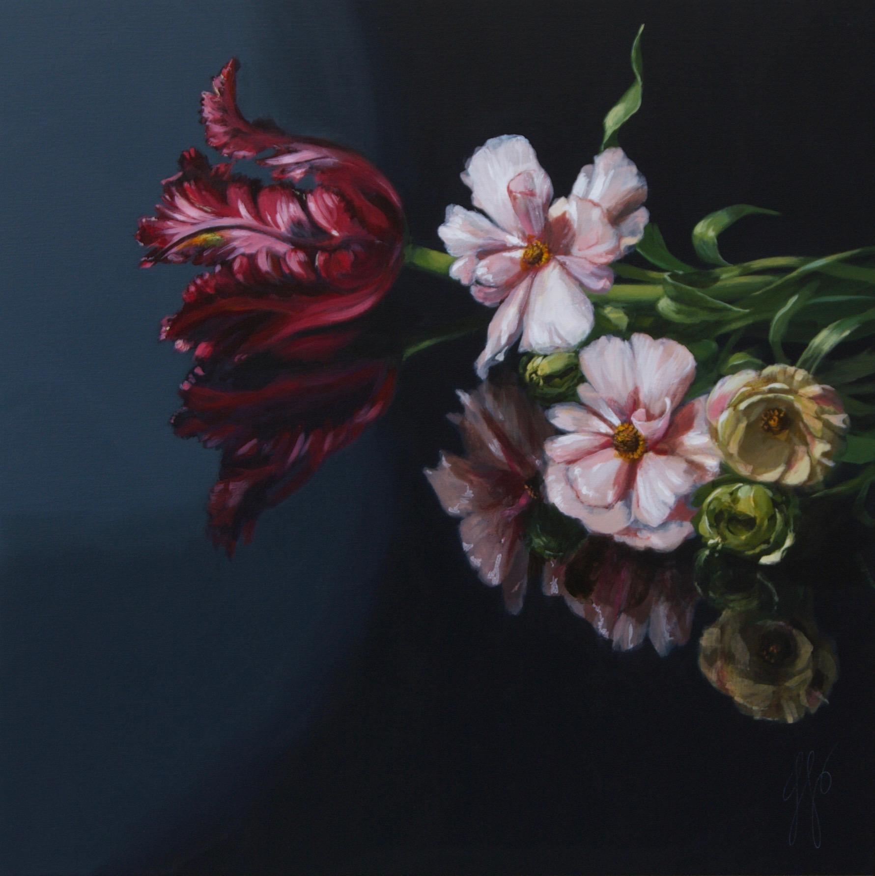 Sasja Wagenaar Still-Life Painting – „Crowfoot and Tulip“, niederländisches zeitgenössisches Stillleben mit Blumen 