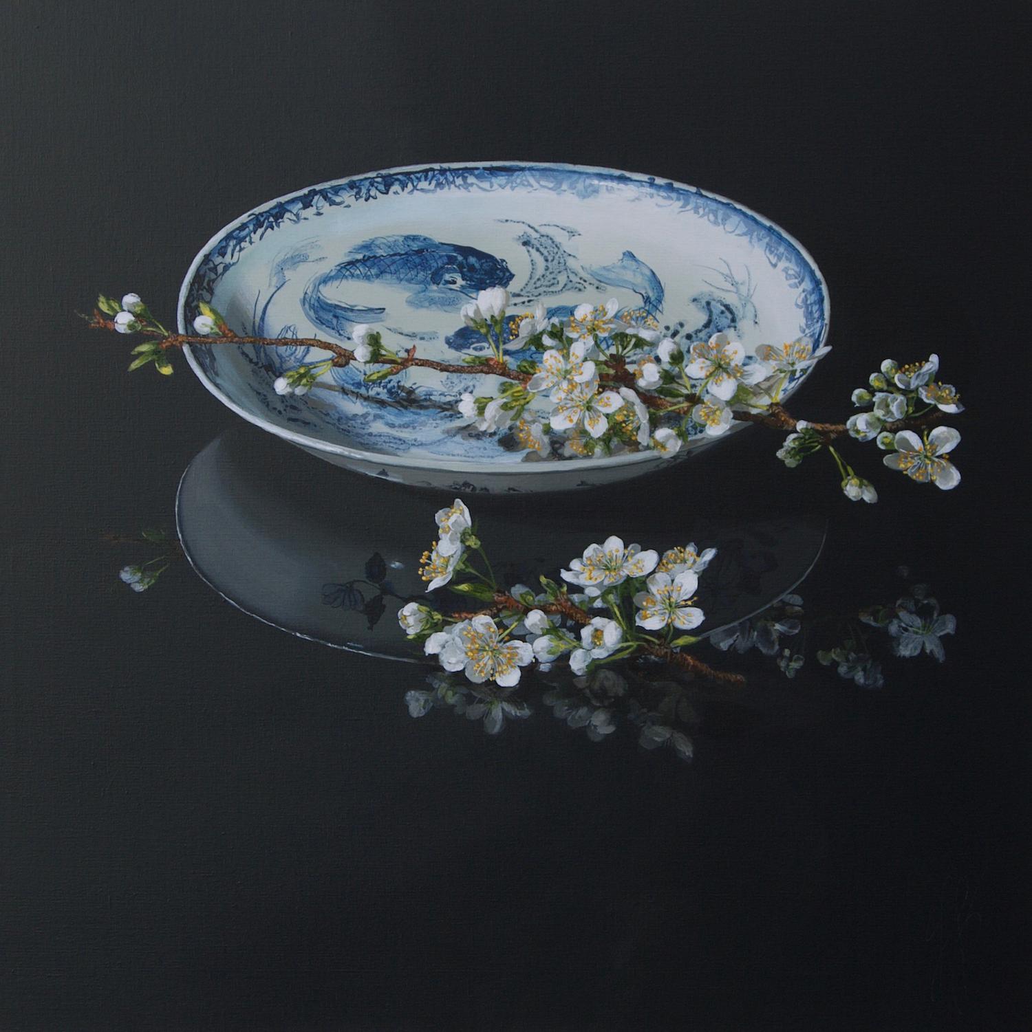 Sasja Wagenaar Still-Life Painting - ''Pear Blossom'', Dutch Contemporary Still Life with Porcelain and White Blossom
