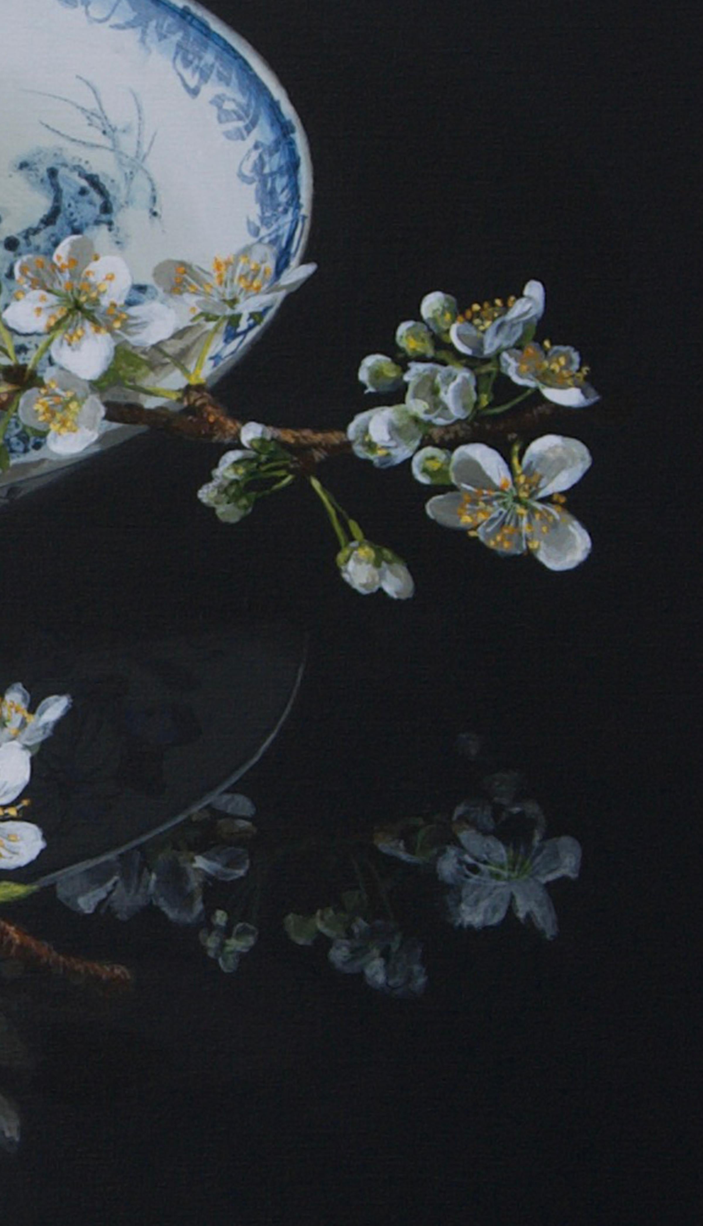 ''Pear Blossom'', Dutch Contemporary Still Life with Porcelain and White Blossom - Black Still-Life Painting by Sasja Wagenaar