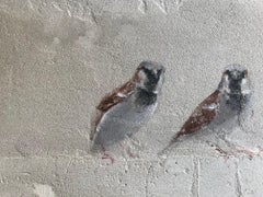 ''Five Sparrows'' Dutch Contemporary Fresco Painting with Sparrows, Birds