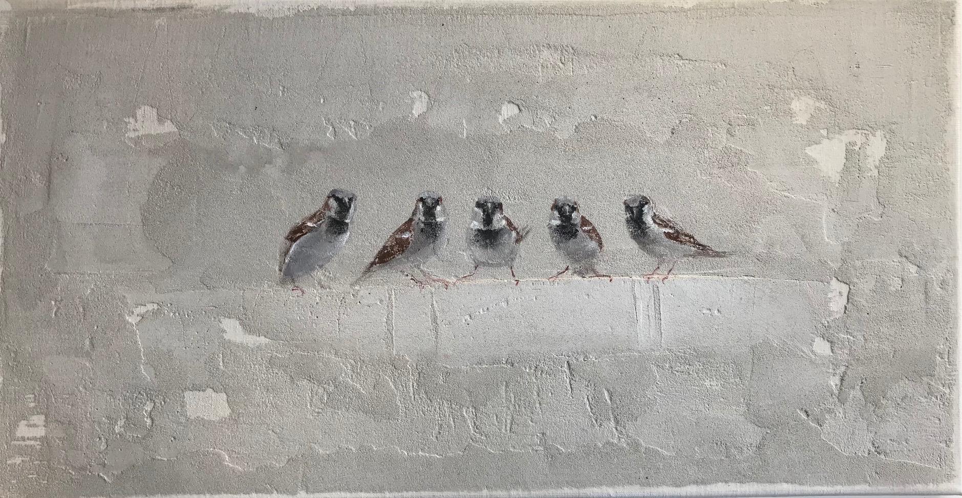 Jan Grotenbreg Animal Painting - ''Five Sparrows'' Dutch Contemporary Fresco Painting with Sparrows, Birds